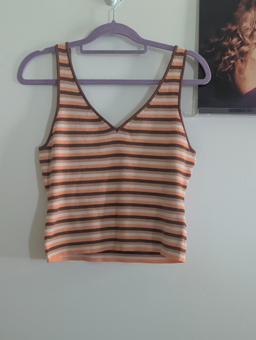 Striped V-Neck Knit Tank Top - Peach, Cream & Brown